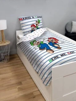 Parure Housse De Couette + Taie D'oreiller Enfant Mario® Blanc Animé - Super Mario -Literie Pour Bébé parure housse de couette taie doreiller enfant mario 2